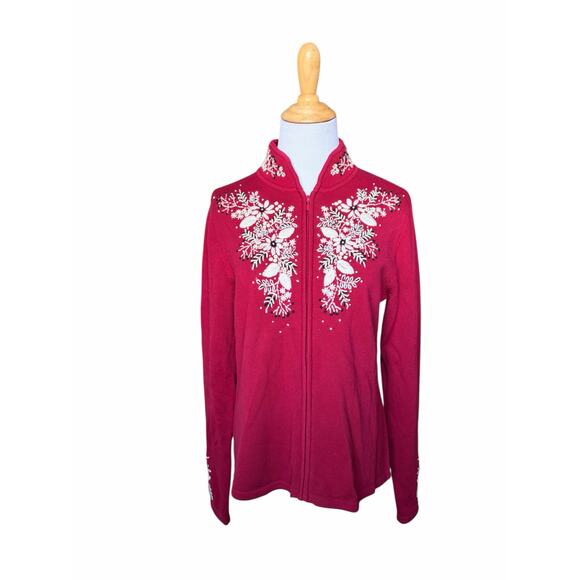 Women's Foxcroft Long Sleeve Full Zip Floral Embroidered Christmas Sweater- Sz M - Picture 6 of 6